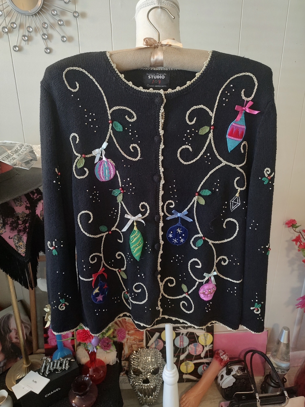 DESIGNERS ORIGINALS Black Embellished Cardigan Sweater Size Medium